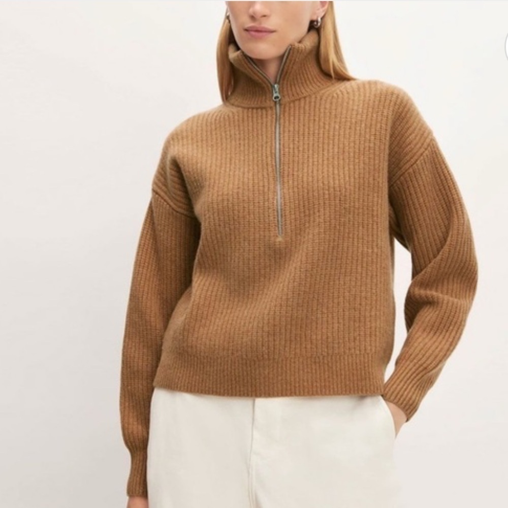 Everlane Xs The Felted Merino Half-Zip Sweater Caramel Brown Honey Cropped Wool